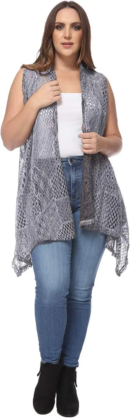 Anna-Kaci Women's Plus Size Bohemian Draped Open Front Crochet Bikini Cover Up Cardigan Vest