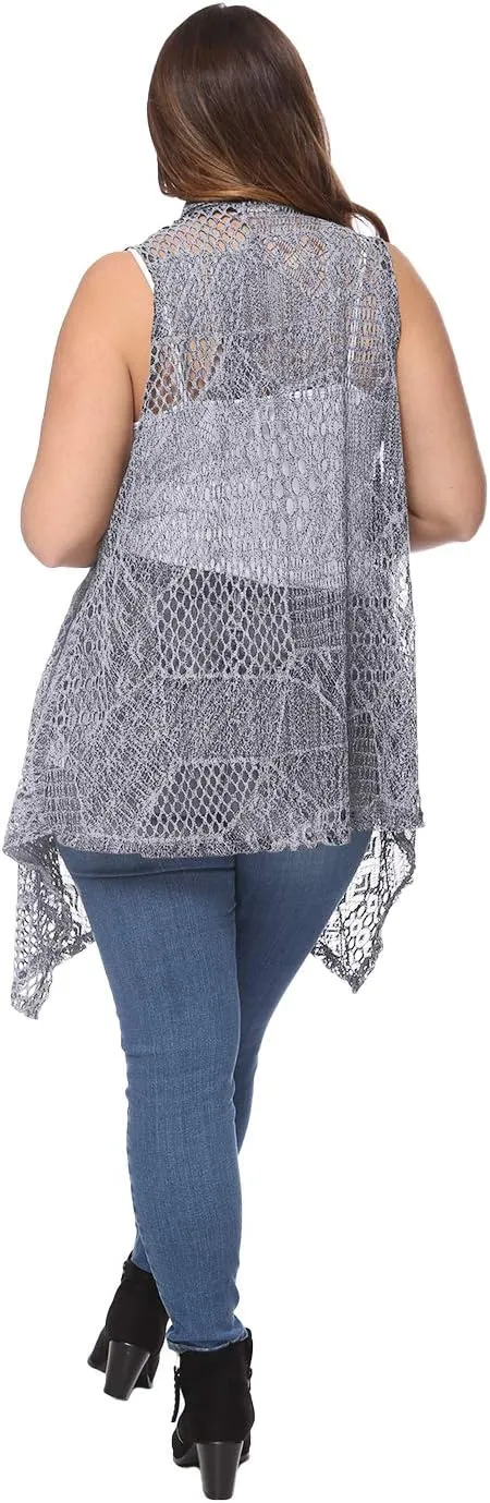 Anna-Kaci Women's Plus Size Bohemian Draped Open Front Crochet Bikini Cover Up Cardigan Vest