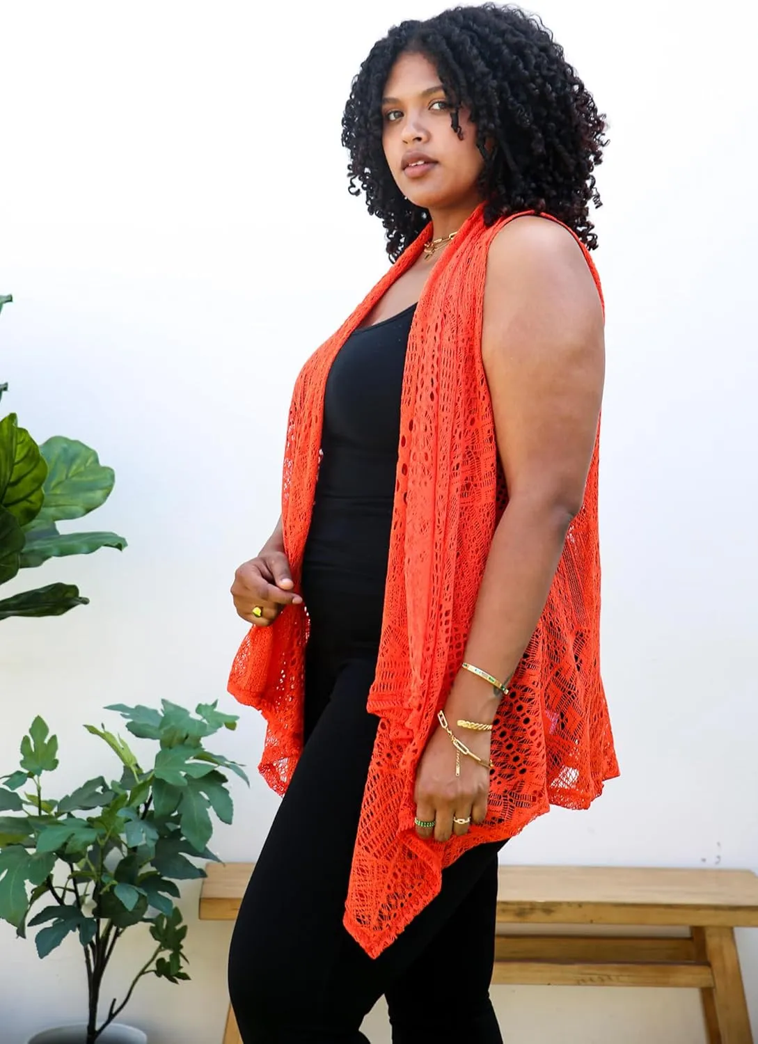 Anna-Kaci Women's Plus Size Bohemian Draped Open Front Crochet Bikini Cover Up Cardigan Vest
