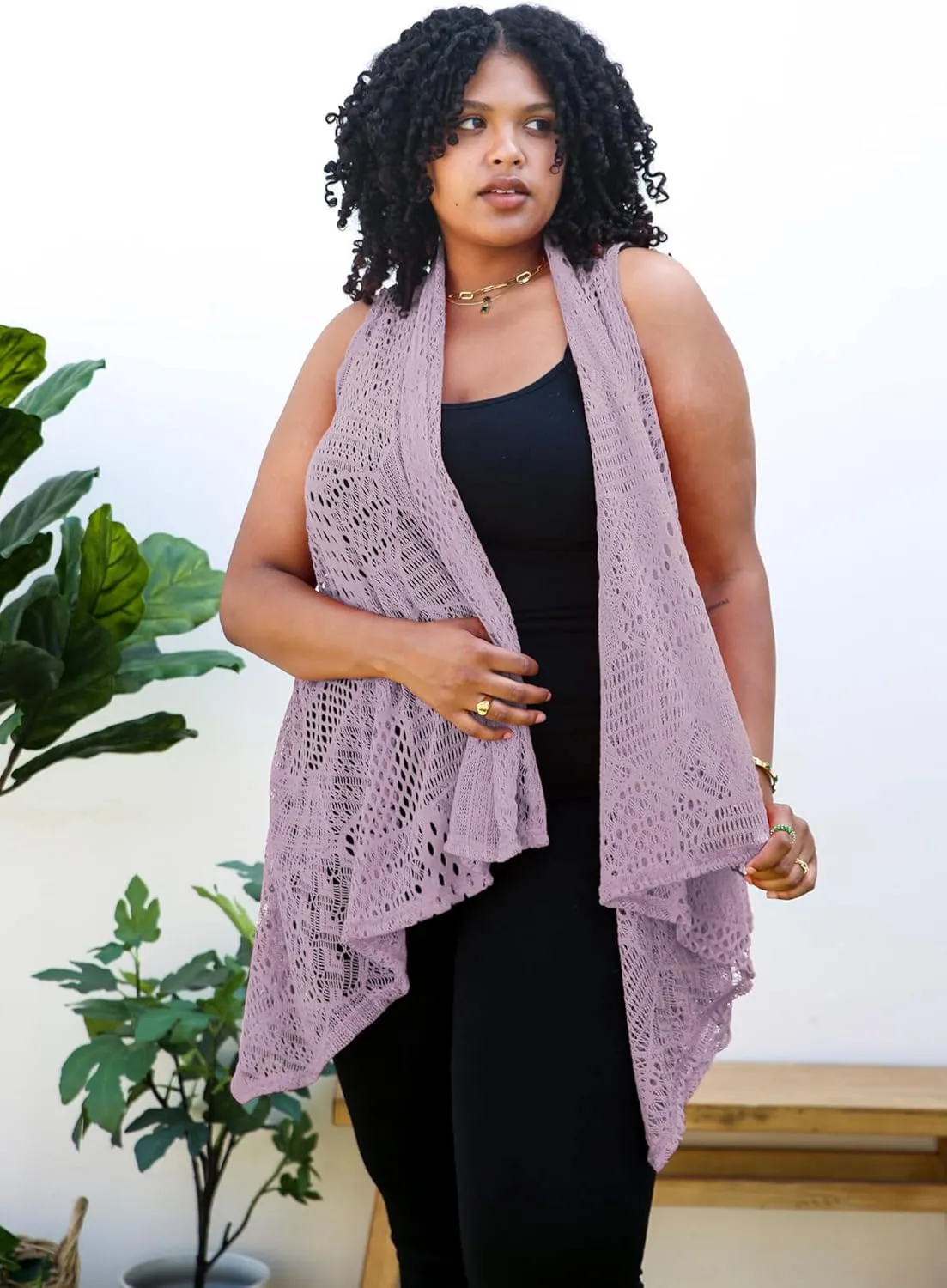 Anna-Kaci Women's Plus Size Bohemian Draped Open Front Crochet Bikini Cover Up Cardigan Vest