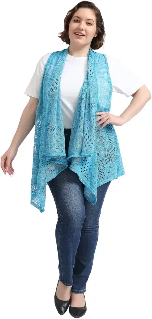 Anna-Kaci Women's Plus Size Bohemian Draped Open Front Crochet Bikini Cover Up Cardigan Vest