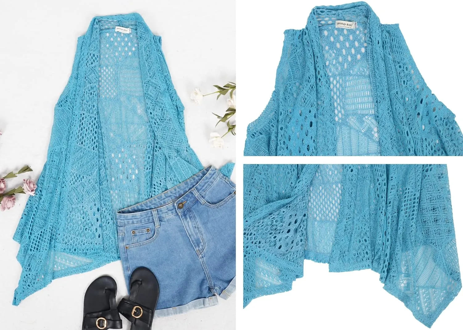 Anna-Kaci Women's Plus Size Bohemian Draped Open Front Crochet Bikini Cover Up Cardigan Vest