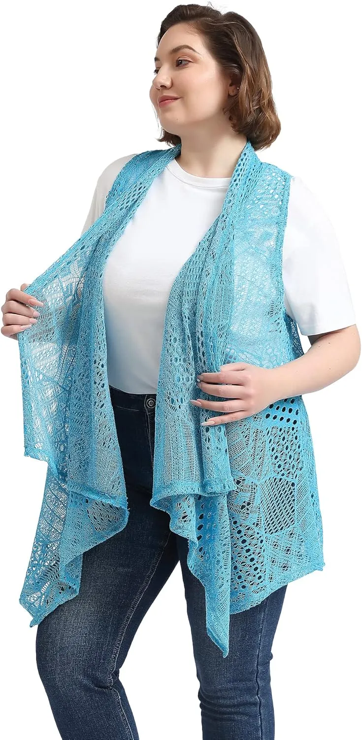 Anna-Kaci Women's Plus Size Bohemian Draped Open Front Crochet Bikini Cover Up Cardigan Vest