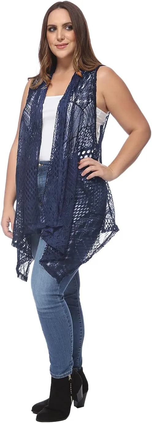 Anna-Kaci Women's Plus Size Bohemian Draped Open Front Crochet Bikini Cover Up Cardigan Vest