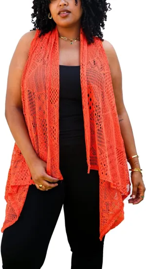 Anna-Kaci Women's Plus Size Bohemian Draped Open Front Crochet Bikini Cover Up Cardigan Vest