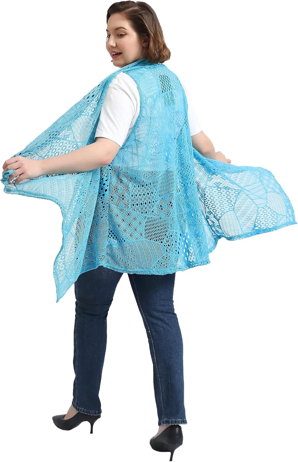 Anna-Kaci Women's Plus Size Bohemian Draped Open Front Crochet Bikini Cover Up Cardigan Vest