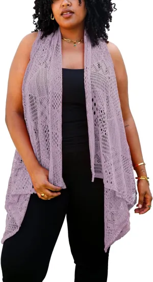 Anna-Kaci Women's Plus Size Bohemian Draped Open Front Crochet Bikini Cover Up Cardigan Vest