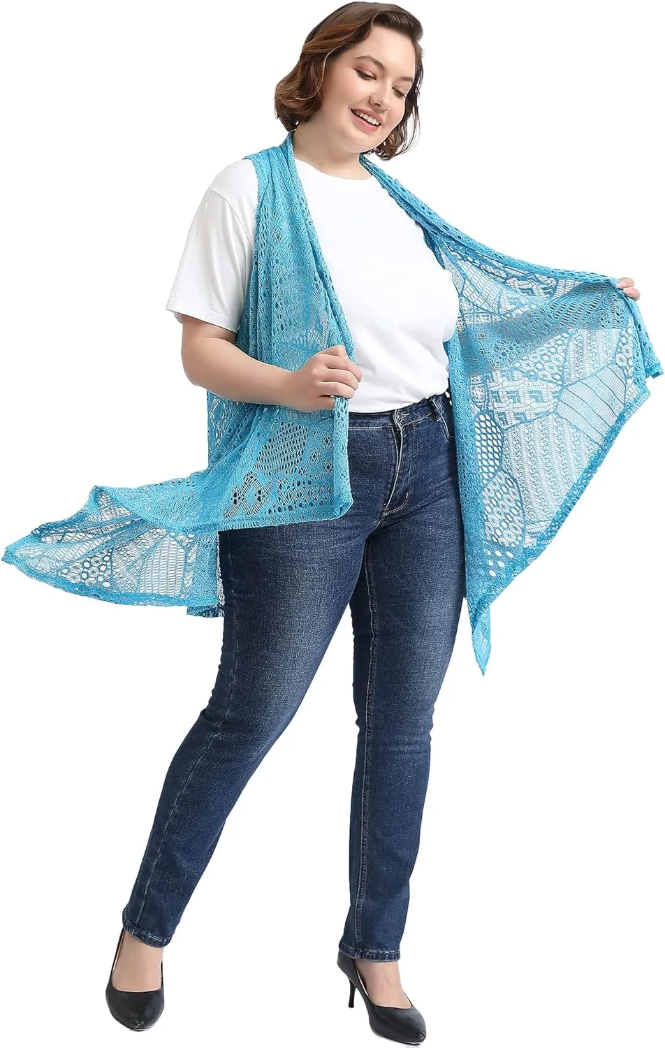 Anna-Kaci Women's Plus Size Bohemian Draped Open Front Crochet Bikini Cover Up Cardigan Vest