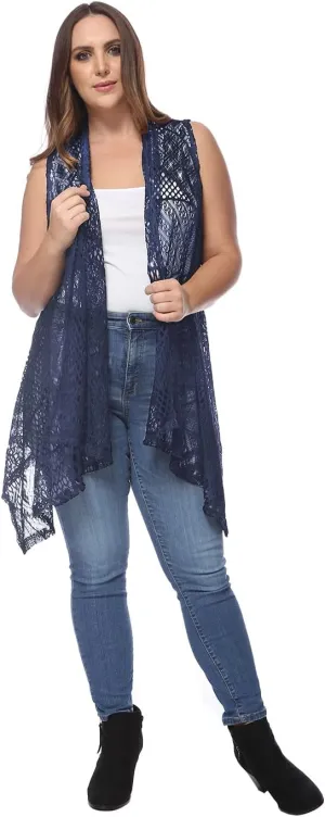 Anna-Kaci Women's Plus Size Bohemian Draped Open Front Crochet Bikini Cover Up Cardigan Vest