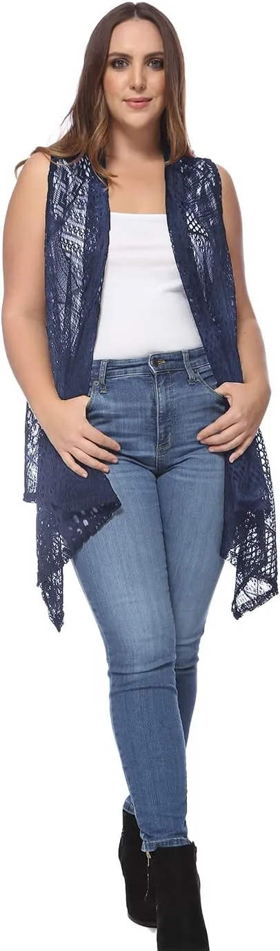 Anna-Kaci Women's Plus Size Bohemian Draped Open Front Crochet Bikini Cover Up Cardigan Vest