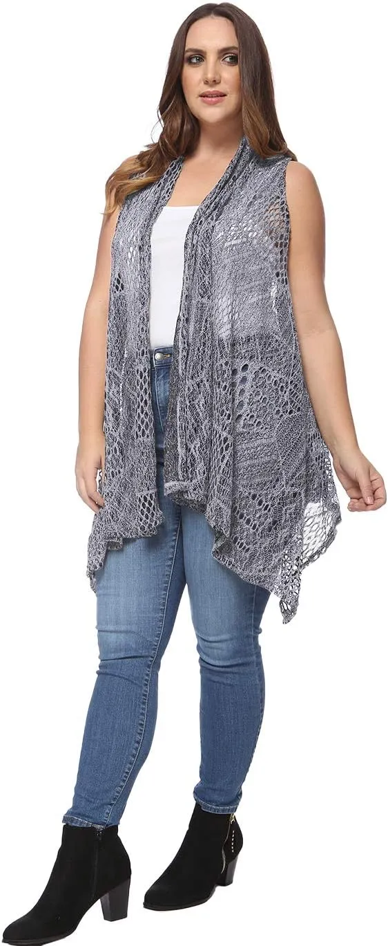 Anna-Kaci Women's Plus Size Bohemian Draped Open Front Crochet Bikini Cover Up Cardigan Vest