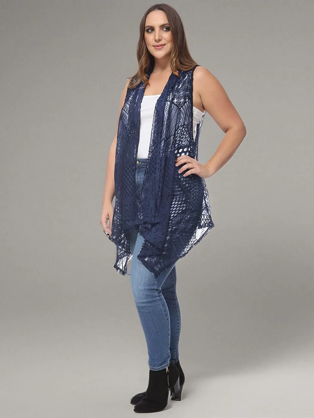 Anna-Kaci Women's Plus Size Bohemian Draped Open Front Crochet Bikini Cover Up Cardigan Vest