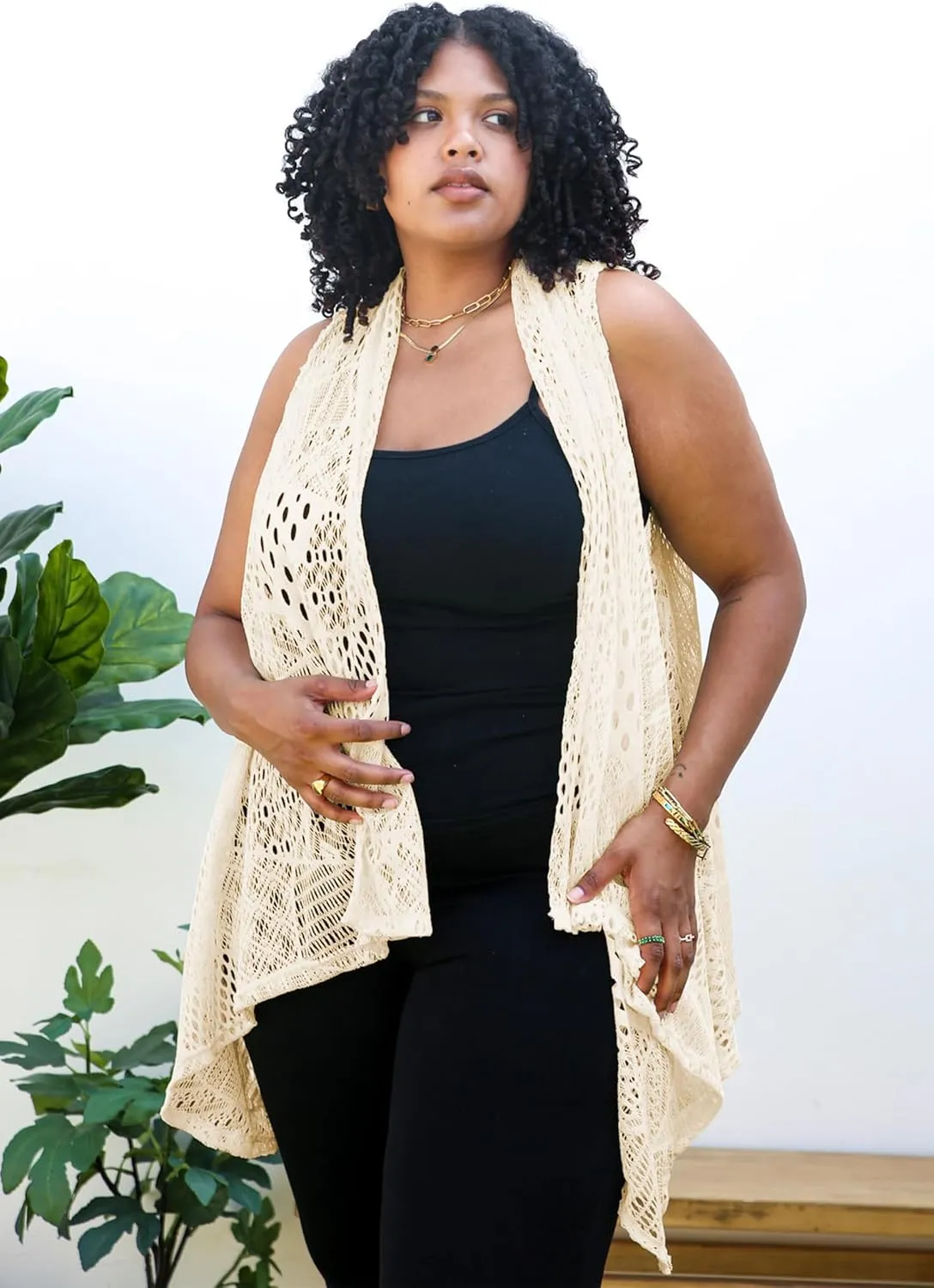 Anna-Kaci Women's Plus Size Bohemian Draped Open Front Crochet Bikini Cover Up Cardigan Vest