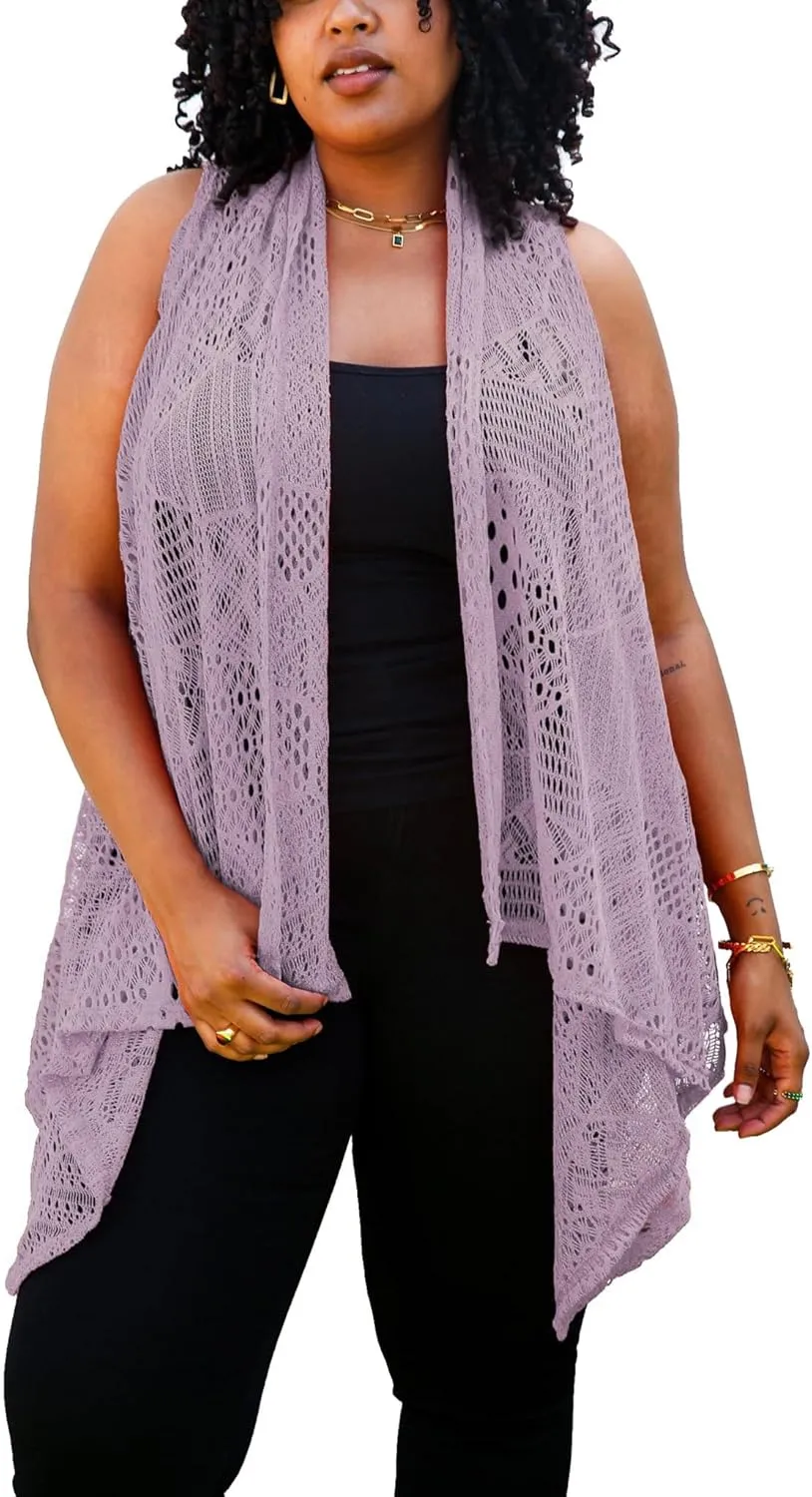 Anna-Kaci Women's Plus Size Bohemian Draped Open Front Crochet Bikini Cover Up Cardigan Vest
