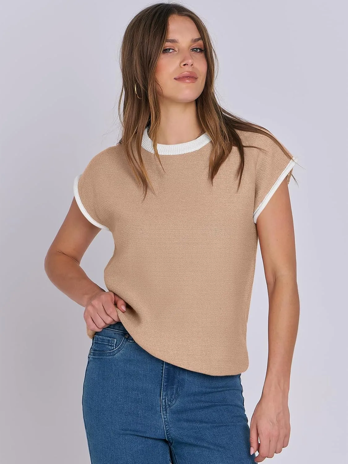 ANRABESS Womens Summer Cap Sleeve Sweater Crewneck Sleeveless Knit Tops Casual Fit Vest 2025 Trendy Tank Top Shirts