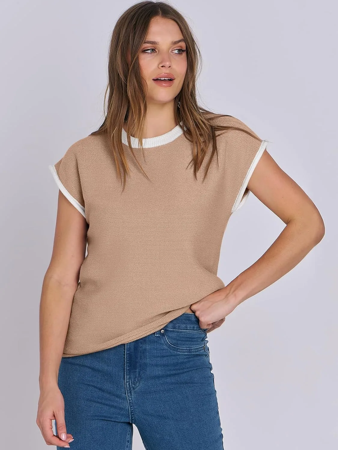 ANRABESS Womens Summer Cap Sleeve Sweater Crewneck Sleeveless Knit Tops Casual Fit Vest 2025 Trendy Tank Top Shirts