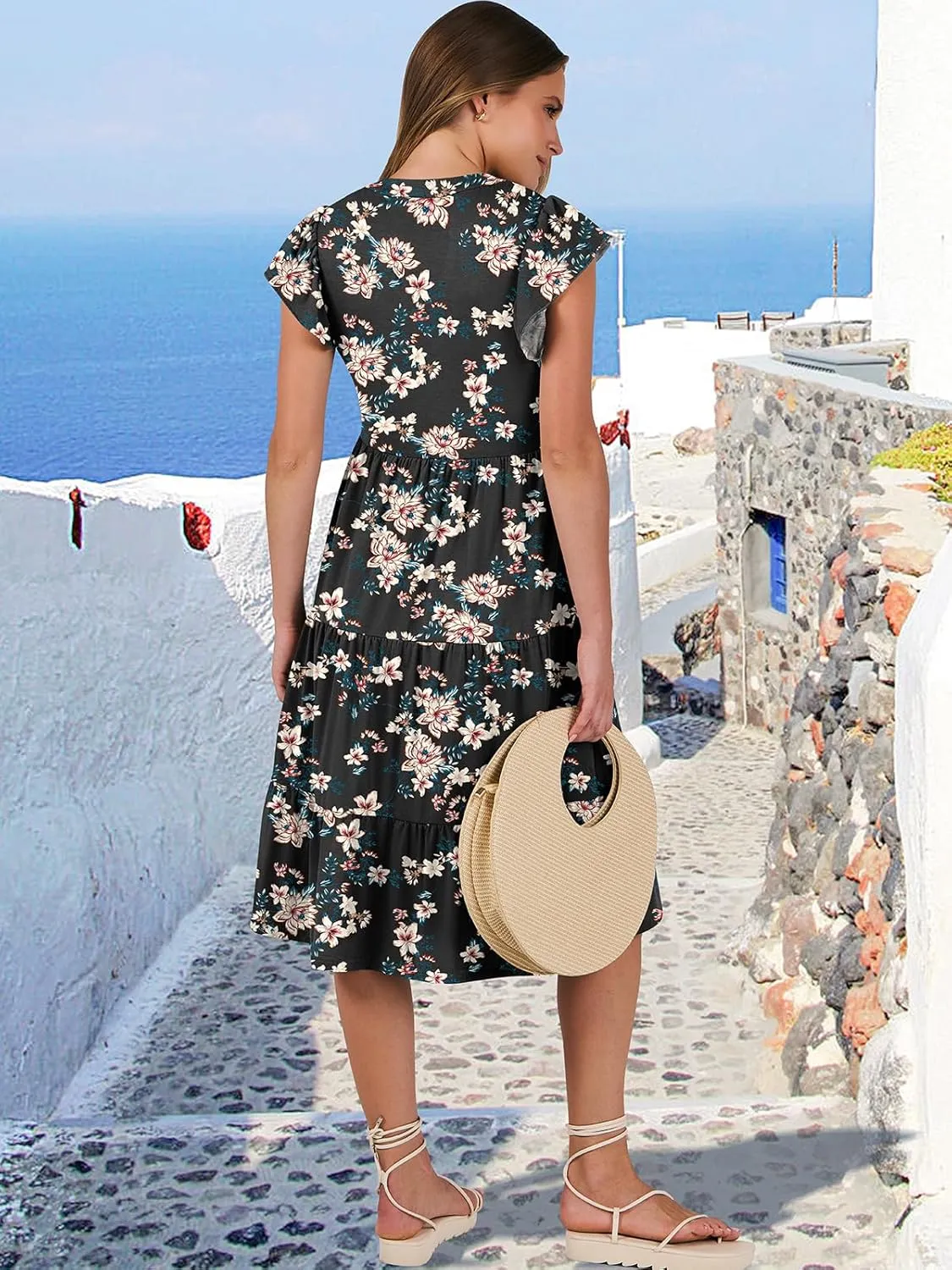 ANRABESS Womens Summer Dress Ruffle Sleeve V Neck Midi Dresses Fashion Casual Fit Flowy Tiered Boho Beach Vacation Sundress