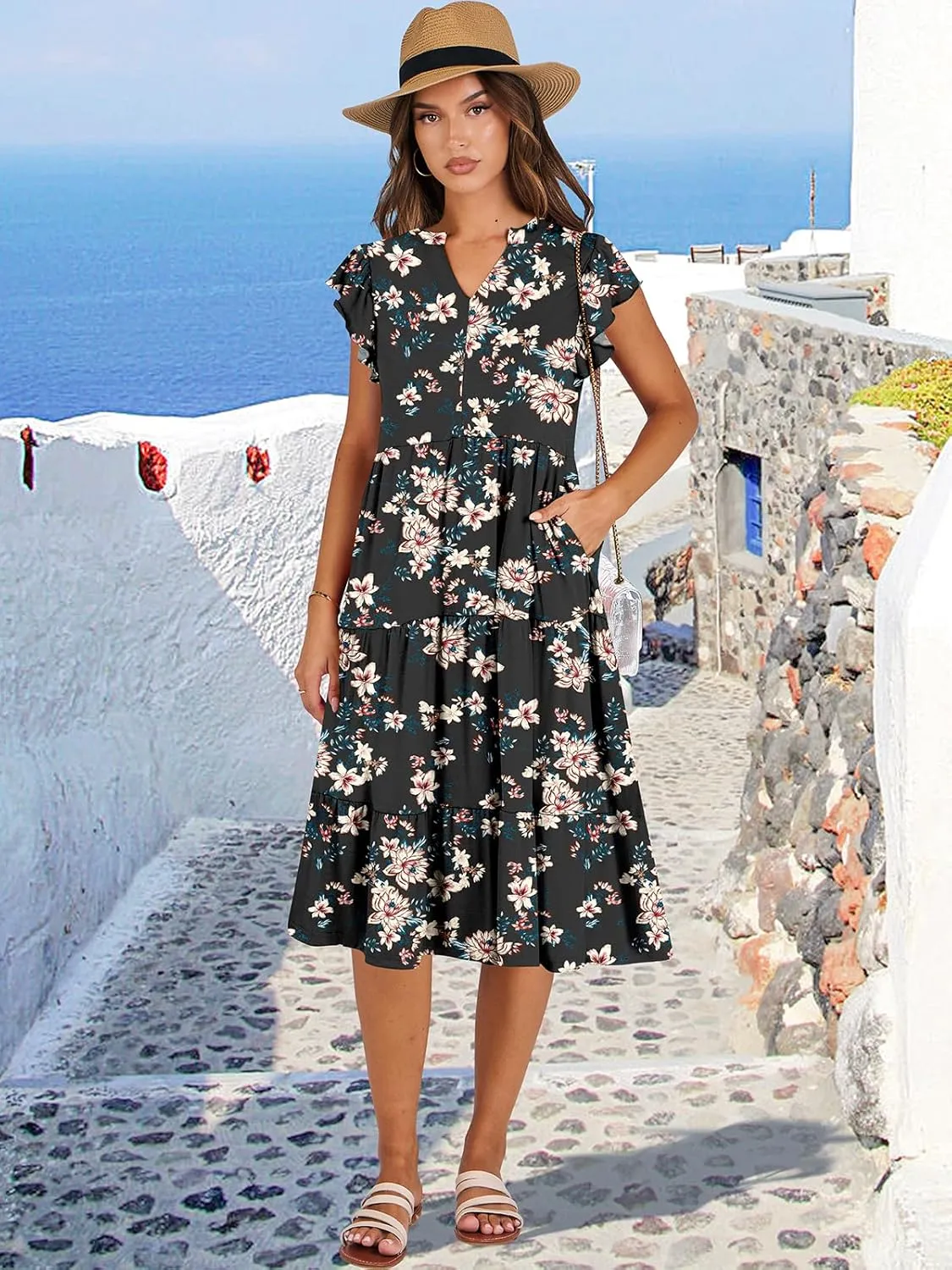 ANRABESS Womens Summer Dress Ruffle Sleeve V Neck Midi Dresses Fashion Casual Fit Flowy Tiered Boho Beach Vacation Sundress