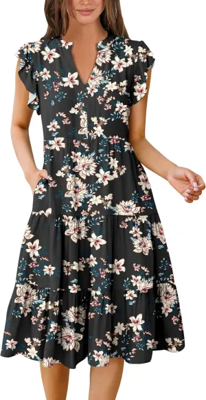 ANRABESS Womens Summer Dress Ruffle Sleeve V Neck Midi Dresses Fashion Casual Fit Flowy Tiered Boho Beach Vacation Sundress