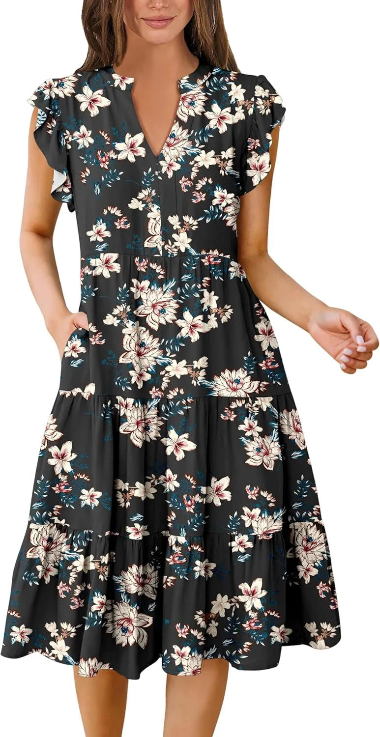 ANRABESS Womens Summer Dress Ruffle Sleeve V Neck Midi Dresses Fashion Casual Fit Flowy Tiered Boho Beach Vacation Sundress