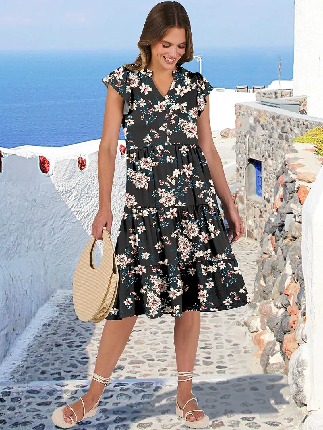 ANRABESS Womens Summer Dress Ruffle Sleeve V Neck Midi Dresses Fashion Casual Fit Flowy Tiered Boho Beach Vacation Sundress