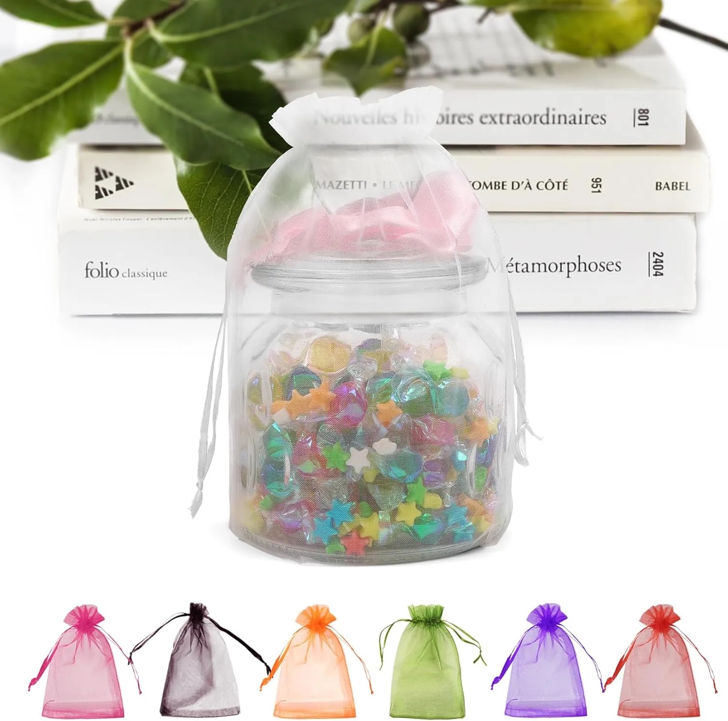 ANZNKU 50 Pack White Organza Bags 6x9 inches, Organza Gift Bags Mesh Drawstring Bag, Premium Sheer Mesh Bag for Gifts Wedding Party Christmas Halloween Favor