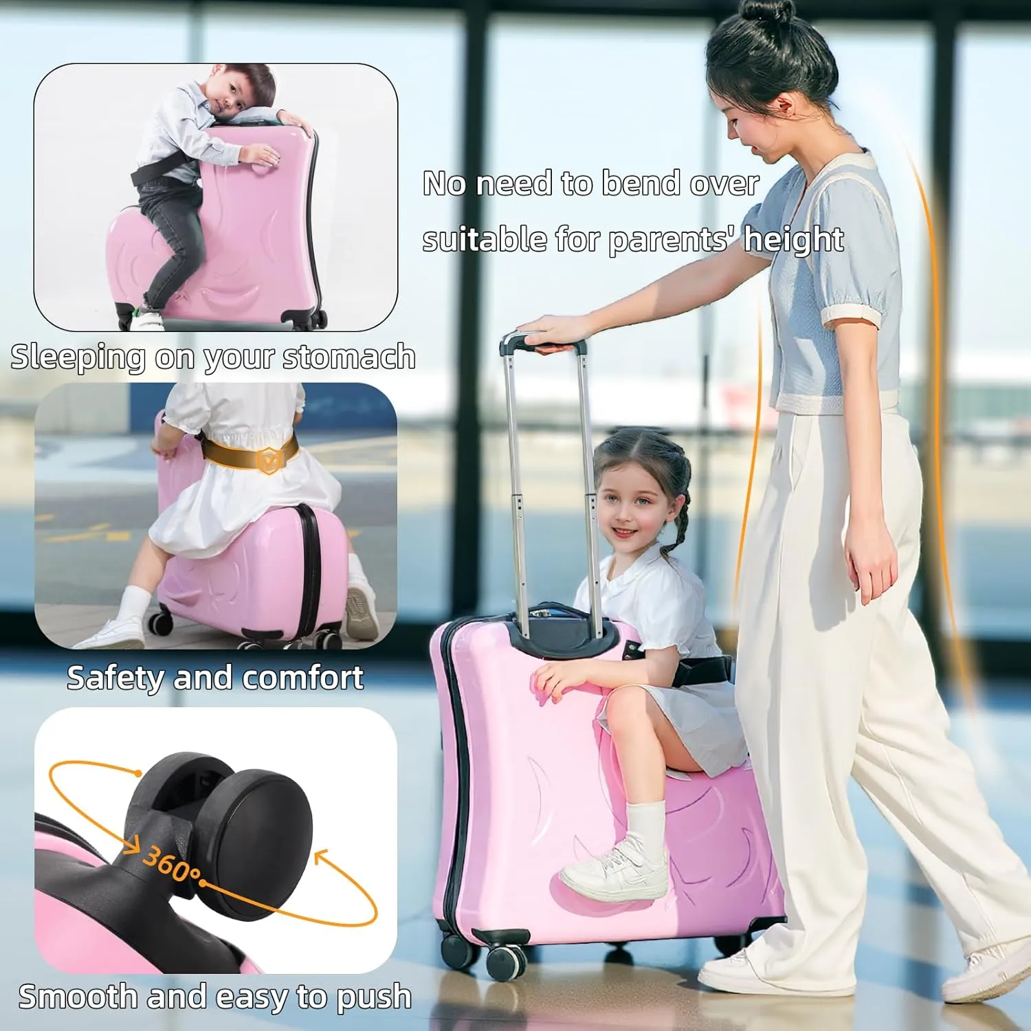 AOWEILA Hardside Ride on Kids Luggage with 4 Spinner Wheels for Girls and Boys,Rolling Childrens Travel Suitcase with Seat and Safety Belt for Toddler Ages 2-6,Carry on for Most Airplanes 21 Inch,Pink