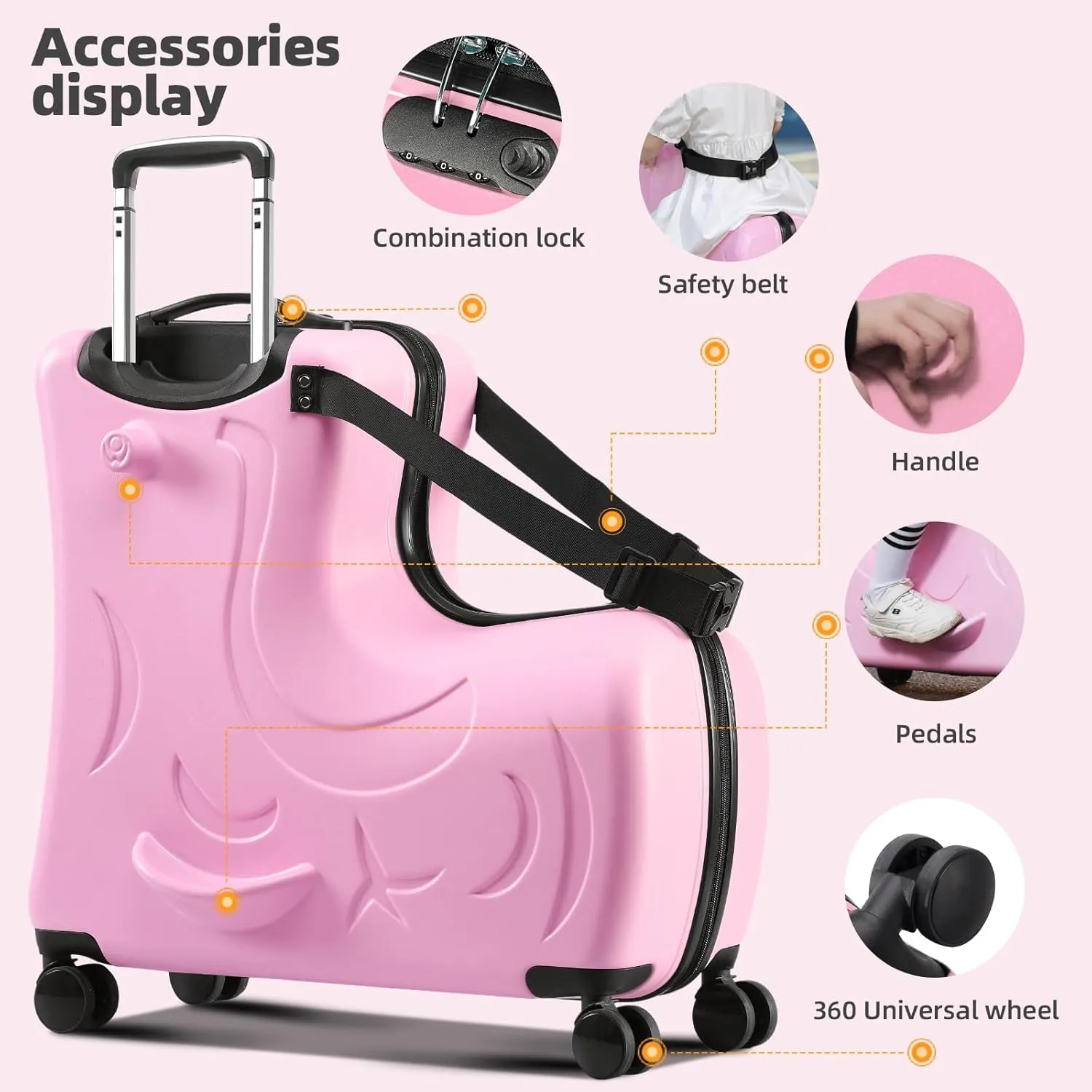AOWEILA Hardside Ride on Kids Luggage with 4 Spinner Wheels for Girls and Boys,Rolling Childrens Travel Suitcase with Seat and Safety Belt for Toddler Ages 2-6,Carry on for Most Airplanes 21 Inch,Pink