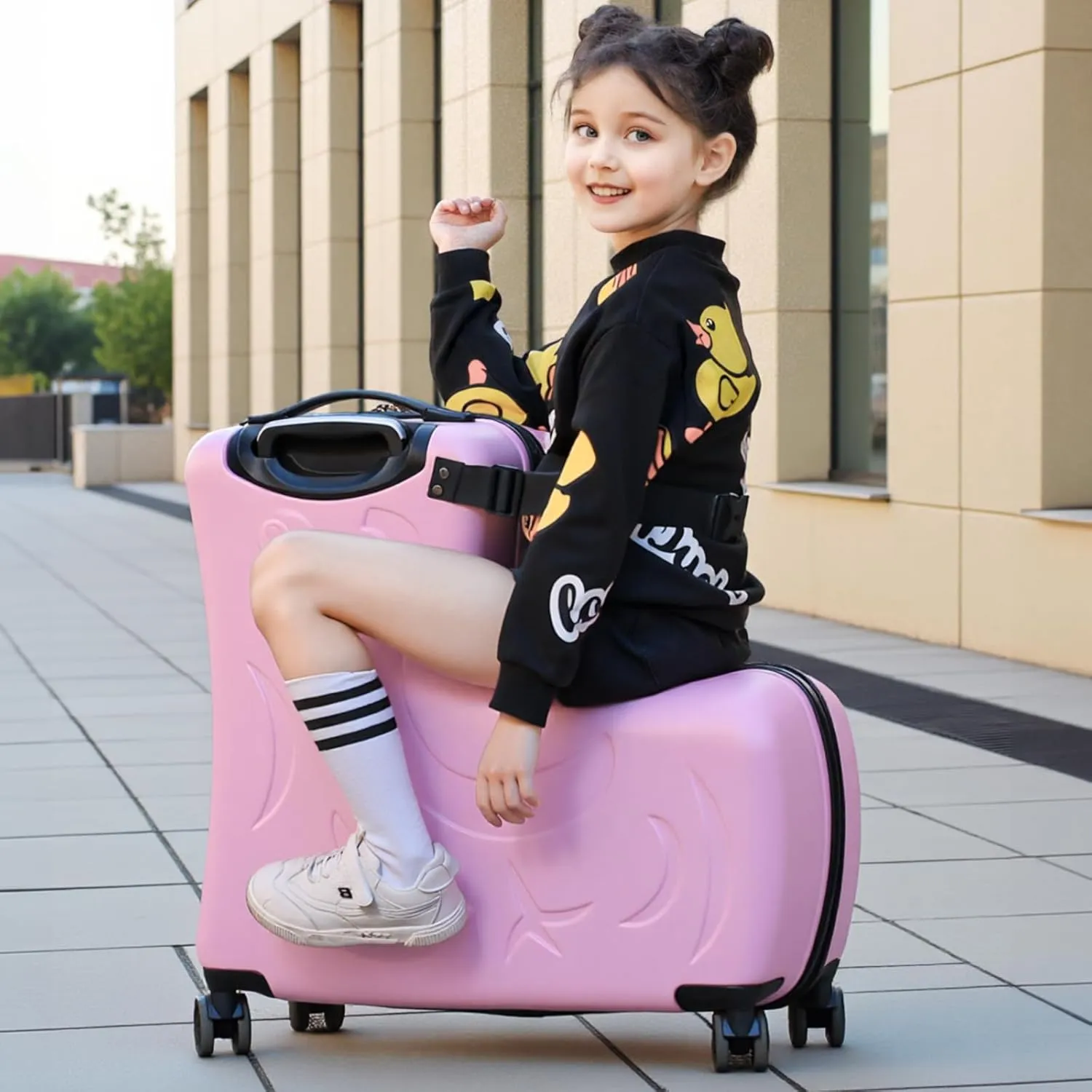 AOWEILA Hardside Ride on Kids Luggage with 4 Spinner Wheels for Girls and Boys,Rolling Childrens Travel Suitcase with Seat and Safety Belt for Toddler Ages 2-6,Carry on for Most Airplanes 21 Inch,Pink