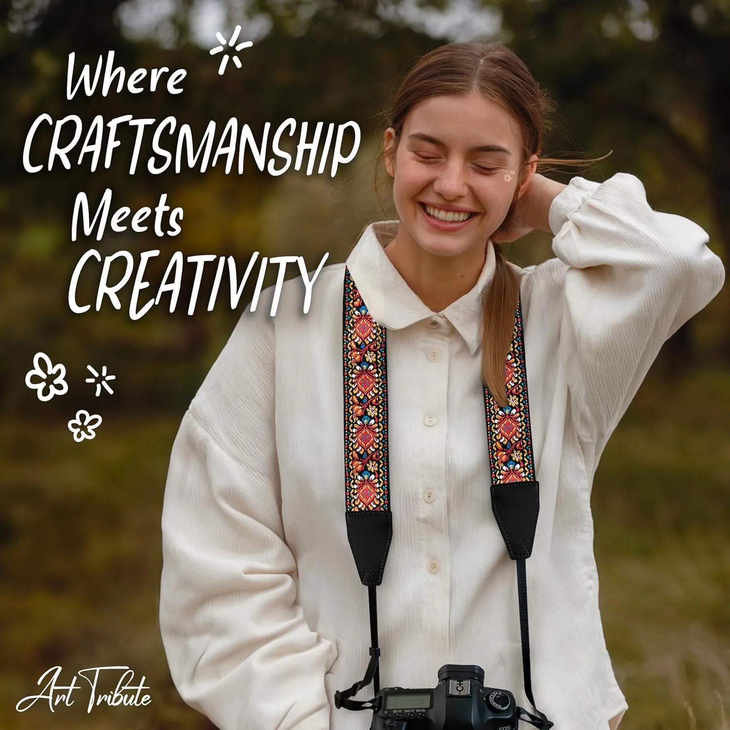 Art Tribute Camera Strap For All Dslr, SLR Camera including Binocular. Red Vintage Woven Embroidered Elegant Universal Neck, Shoulder and Crossbody Strap, Great Gift for Photographers Men & Women