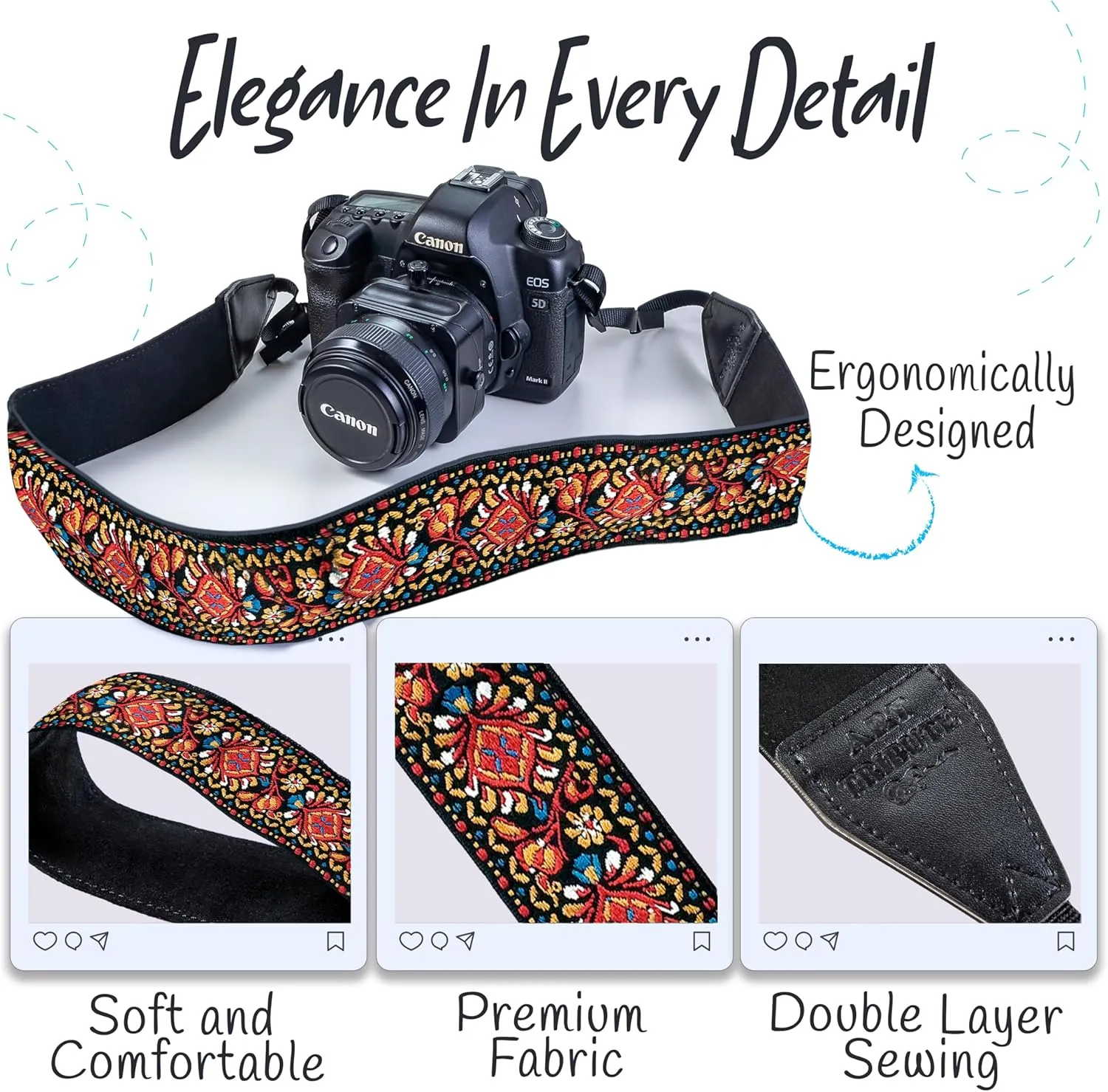 Art Tribute Camera Strap For All Dslr, SLR Camera including Binocular. Red Vintage Woven Embroidered Elegant Universal Neck, Shoulder and Crossbody Strap, Great Gift for Photographers Men & Women