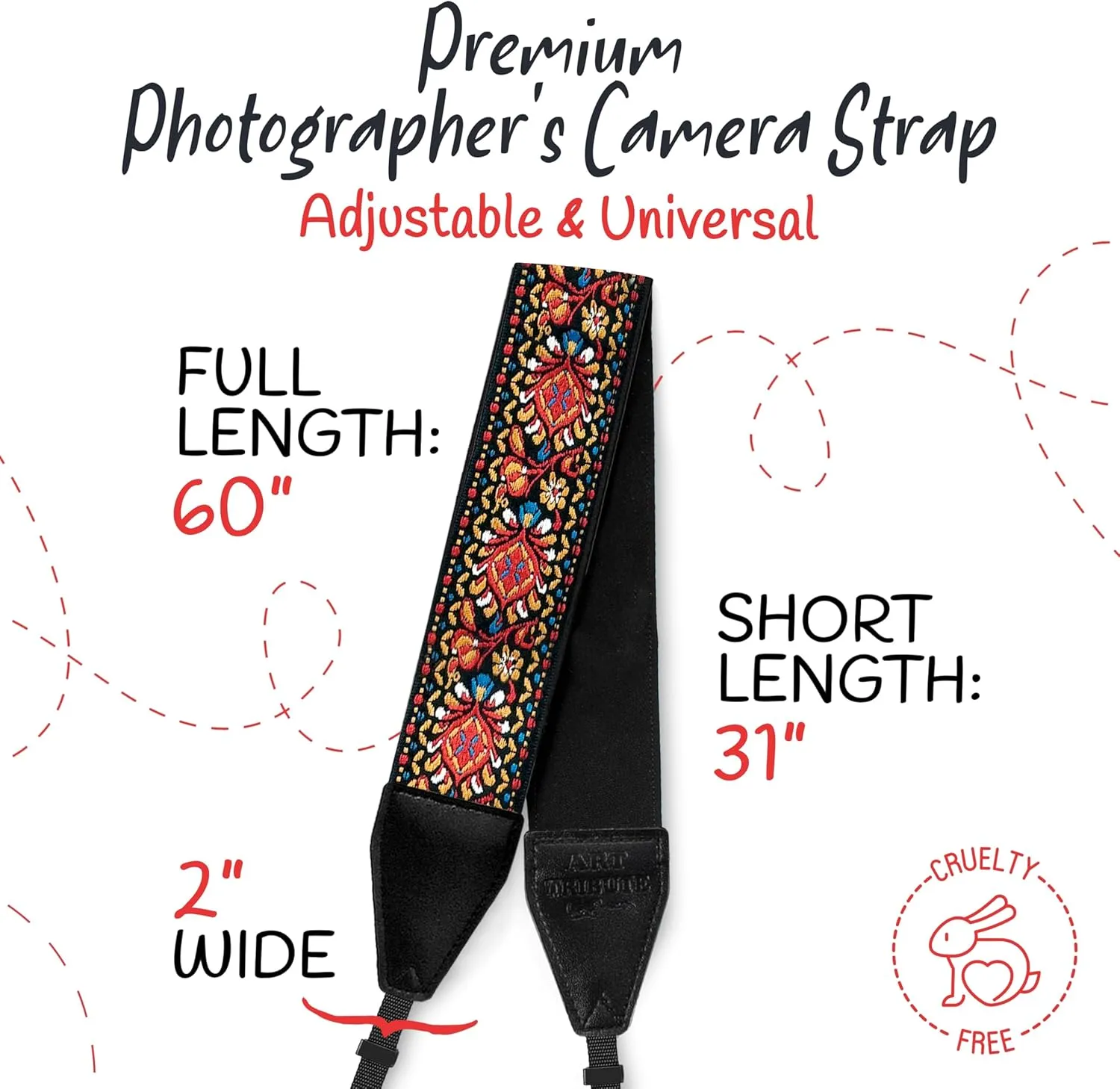 Art Tribute Camera Strap For All Dslr, SLR Camera including Binocular. Red Vintage Woven Embroidered Elegant Universal Neck, Shoulder and Crossbody Strap, Great Gift for Photographers Men & Women