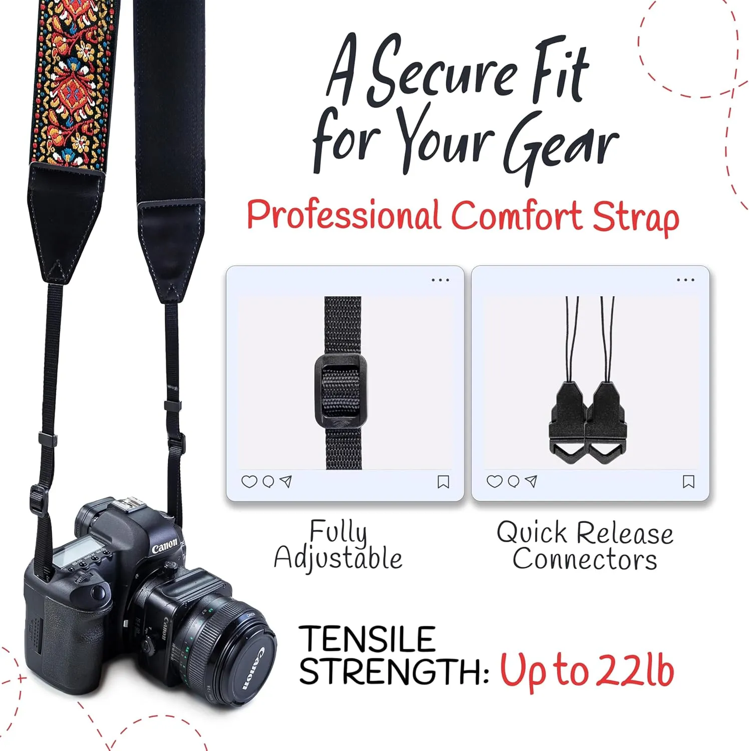 Art Tribute Camera Strap For All Dslr, SLR Camera including Binocular. Red Vintage Woven Embroidered Elegant Universal Neck, Shoulder and Crossbody Strap, Great Gift for Photographers Men & Women