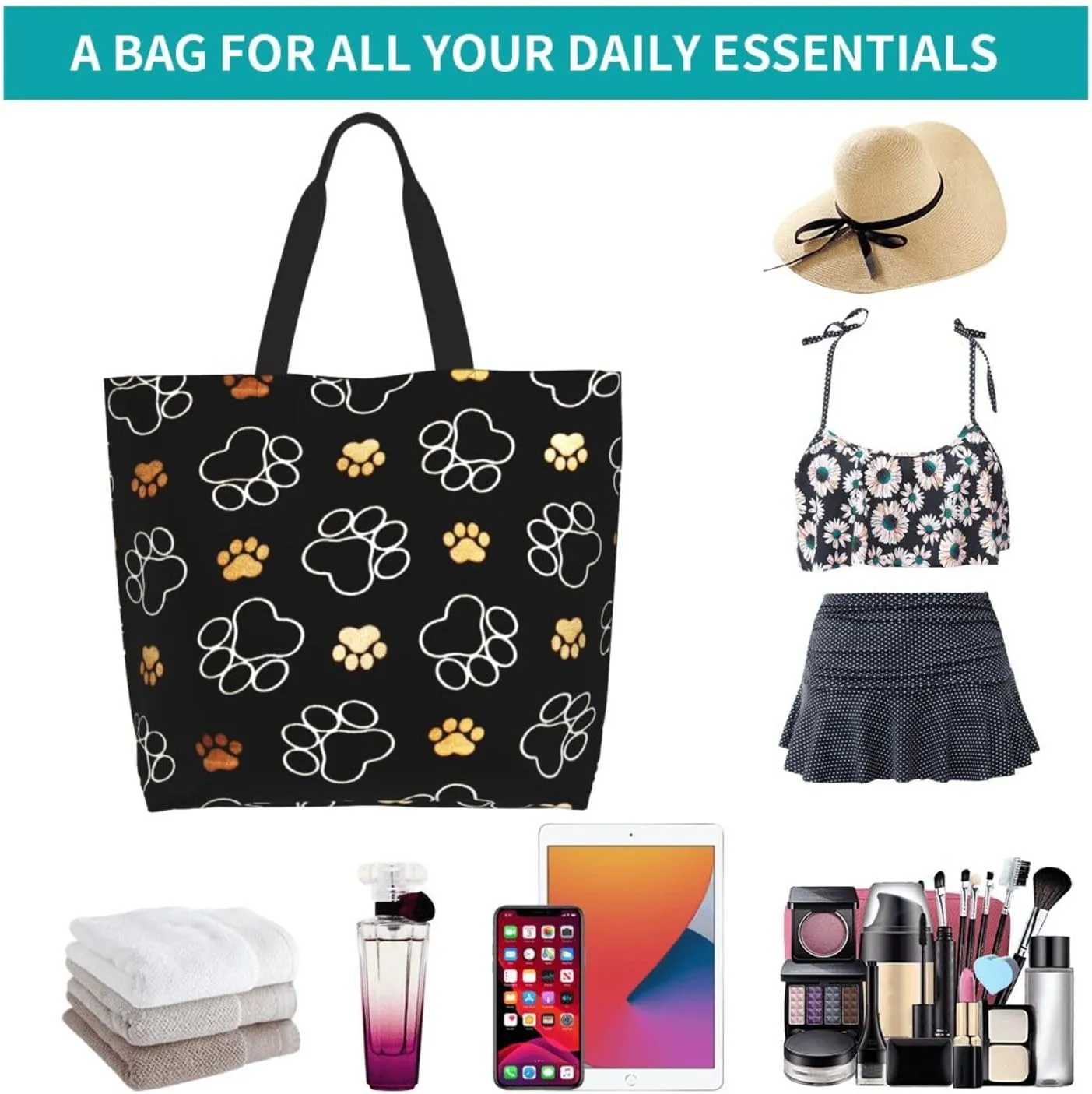 ASYG Cute Dog Cat Paw print Tote Bag for Women Men Beach Bag Portable Handbag Reusable Grocery Bag for Travel Gym Shopping