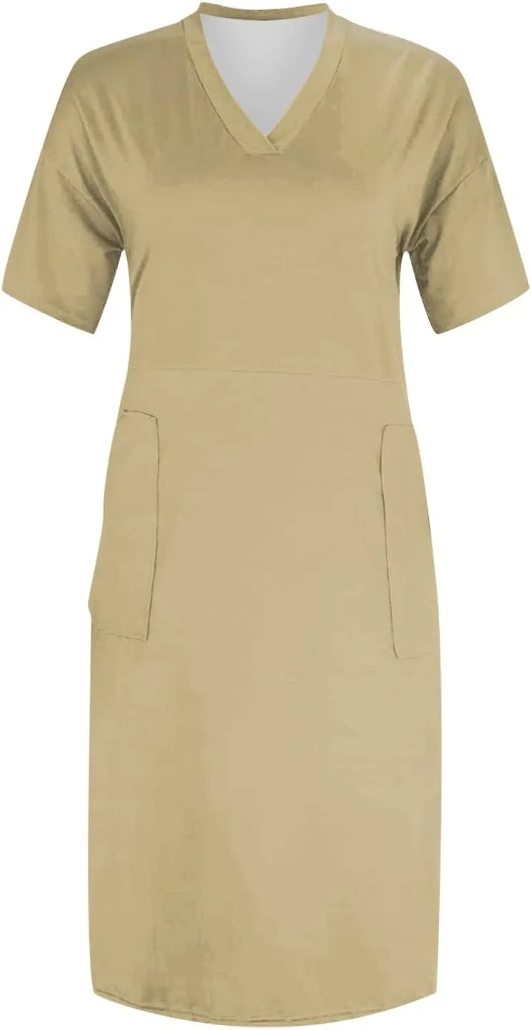 BAXLIMEK Plus Size Dresses for Curvy Women,2025 Spring Summer Casual Loose V Neck Short Sleeve T Shirt Midi Dress with Pocket