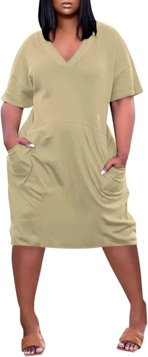 BAXLIMEK Plus Size Dresses for Curvy Women,2025 Spring Summer Casual Loose V Neck Short Sleeve T Shirt Midi Dress with Pocket