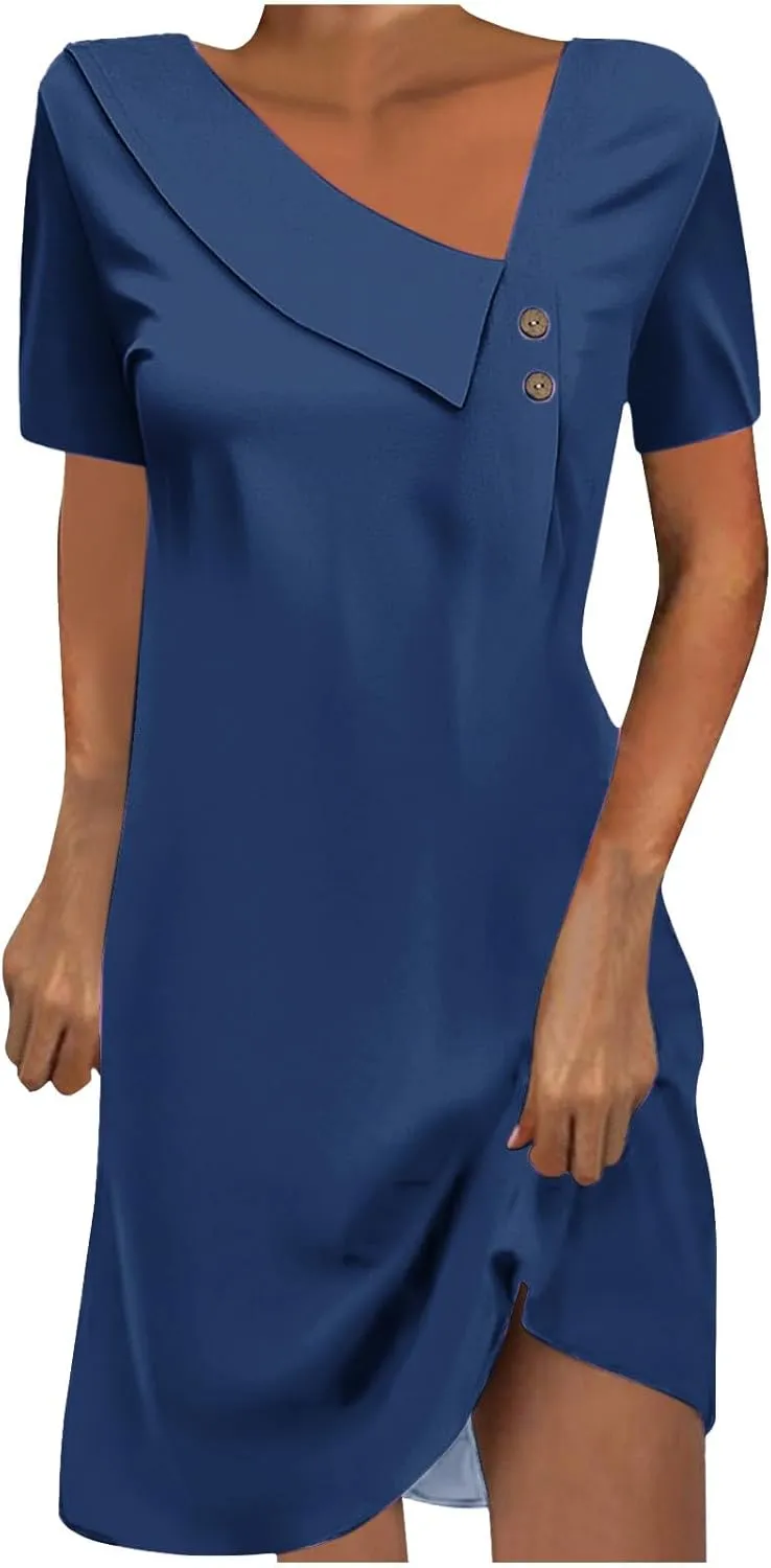 Beach Dresses for Women 2024 Vacation Slant V-Neck Short Sleeve Sundresses Summer Casual Fit Elegant Midi Dress