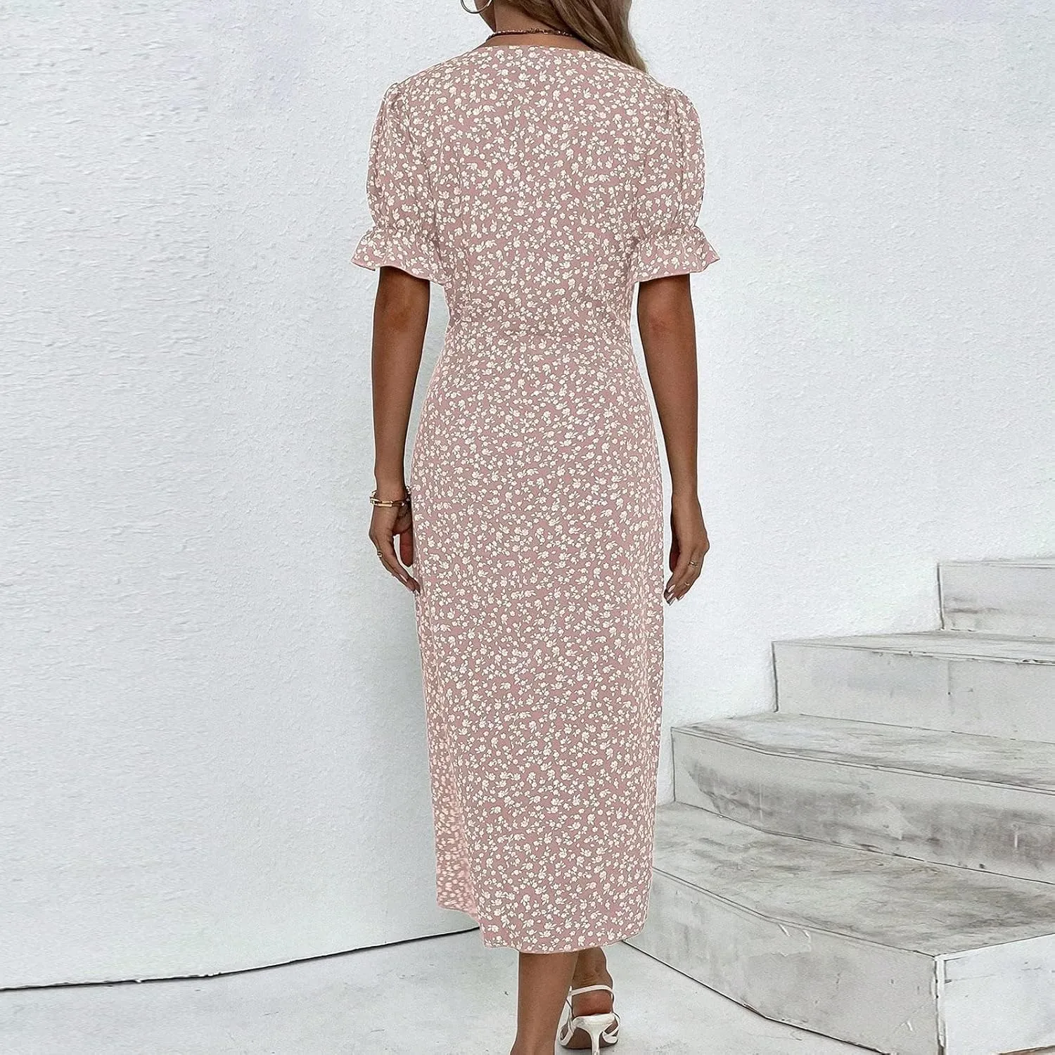 Beach Dresses for Women,2025 Spring Summer Trendy Floral Boho V Neck Short Sleeve Irregular Hem Midi Dress