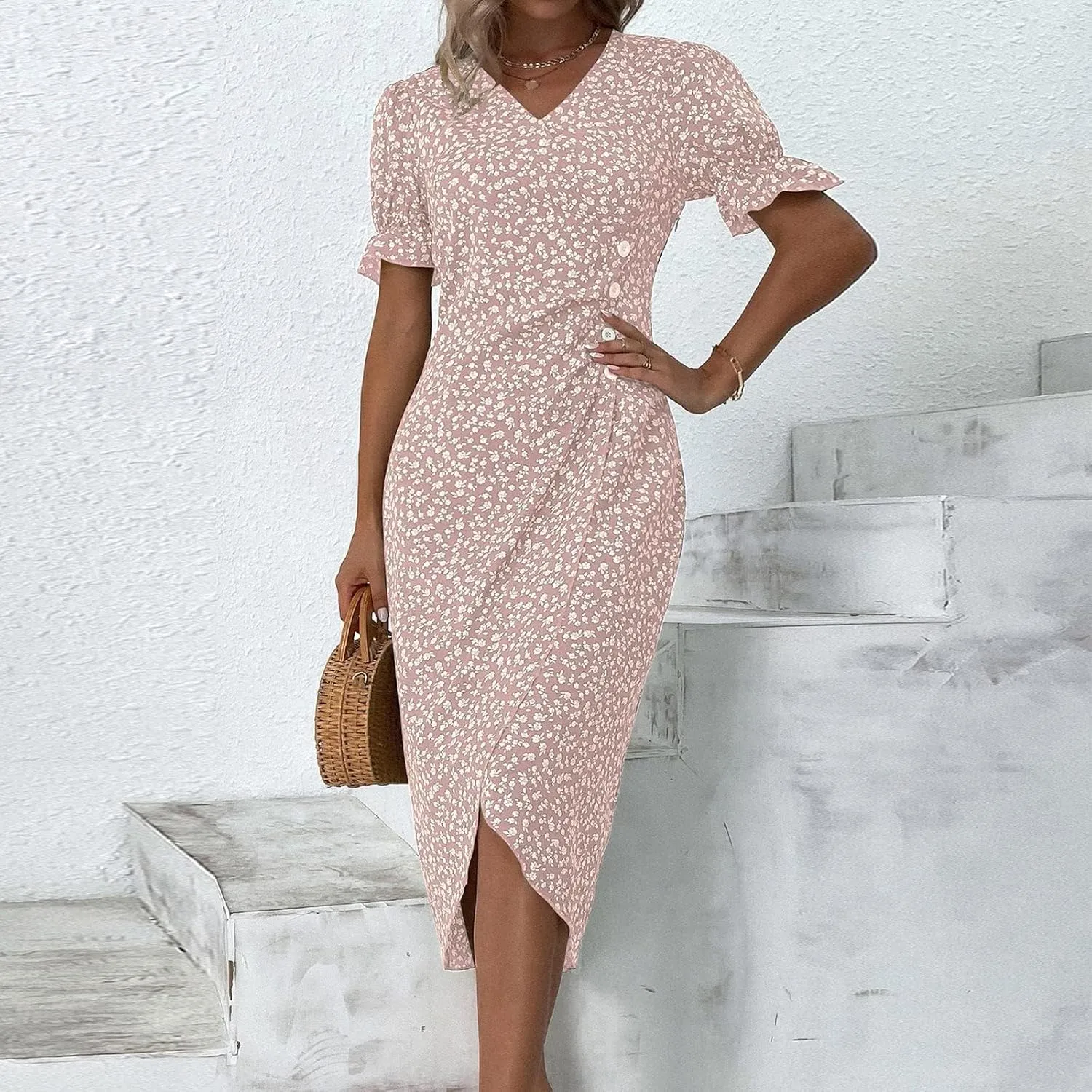 Beach Dresses for Women,2025 Spring Summer Trendy Floral Boho V Neck Short Sleeve Irregular Hem Midi Dress
