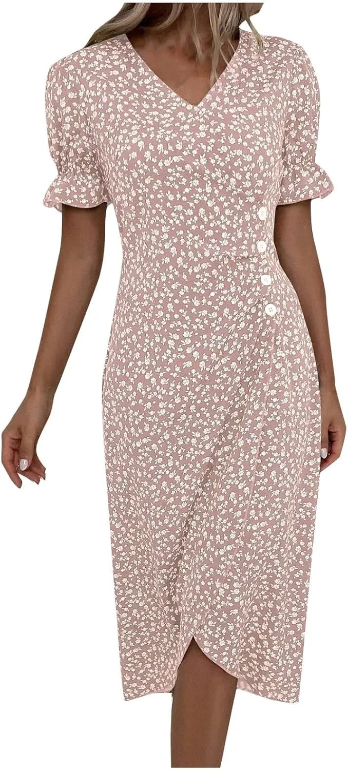 Beach Dresses for Women,2025 Spring Summer Trendy Floral Boho V Neck Short Sleeve Irregular Hem Midi Dress
