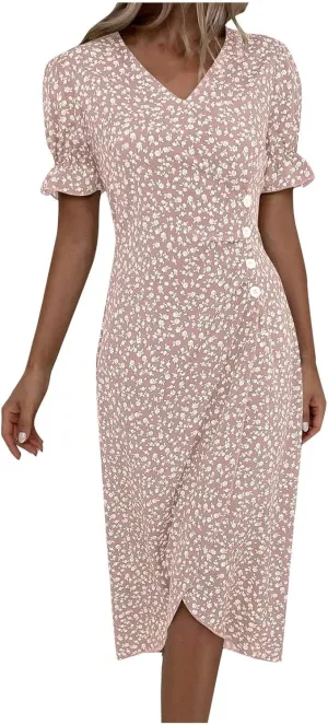 Beach Dresses for Women,2025 Spring Summer Trendy Floral Boho V Neck Short Sleeve Irregular Hem Midi Dress
