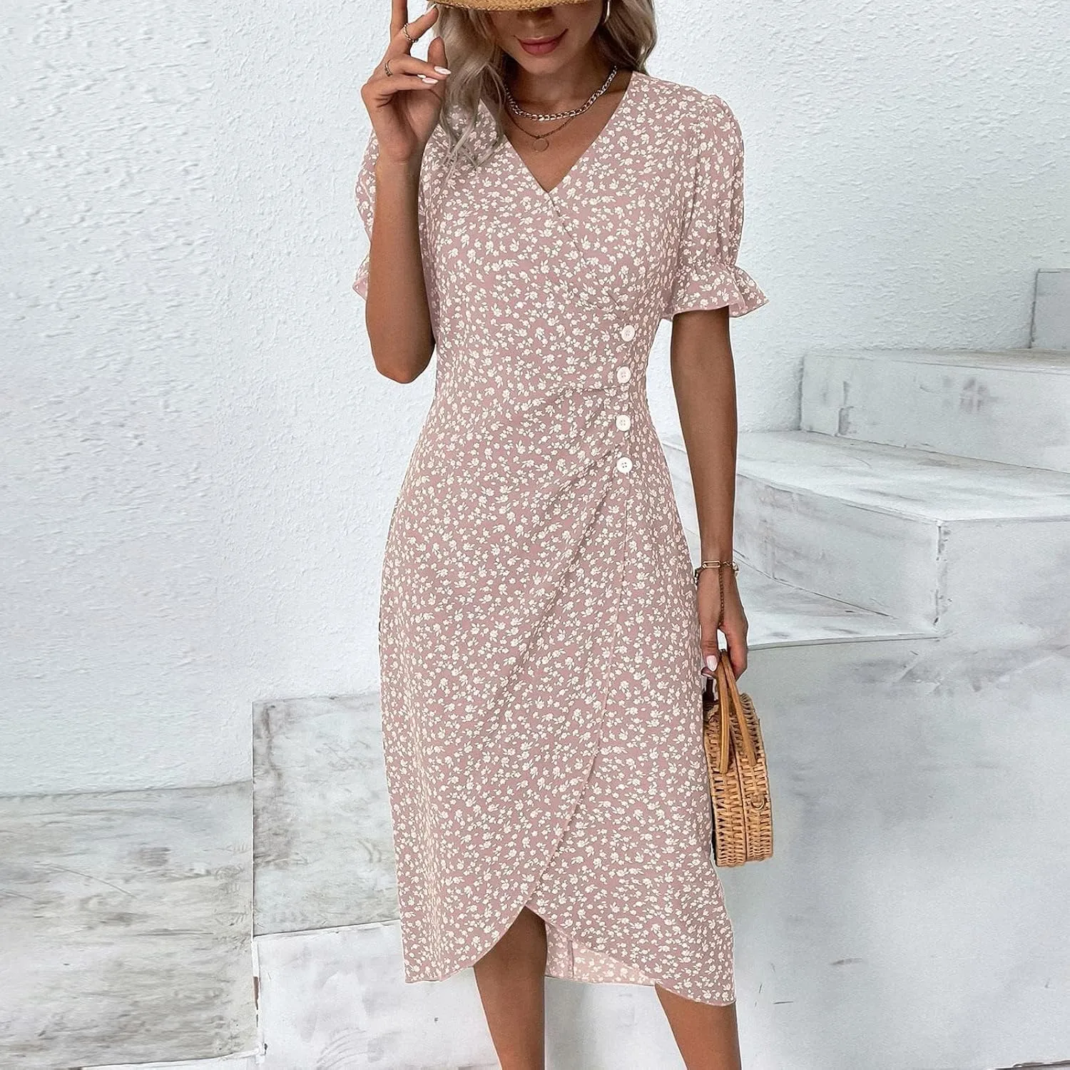 Beach Dresses for Women,2025 Spring Summer Trendy Floral Boho V Neck Short Sleeve Irregular Hem Midi Dress