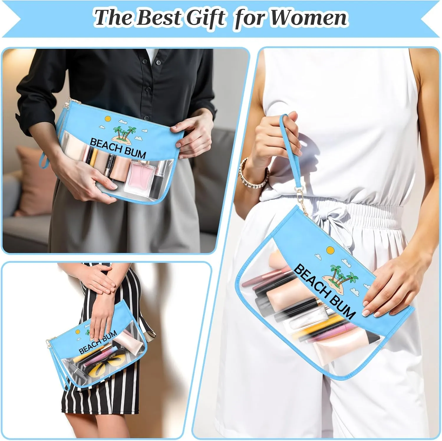 Beach Themed Gifts for Women Friends Adults Blue Makeup Bag with Zipper Birthday Gifts for Beach Lover Cosmetic Travel Organizer Vacation Sun Presents Seaside Travel Gifts