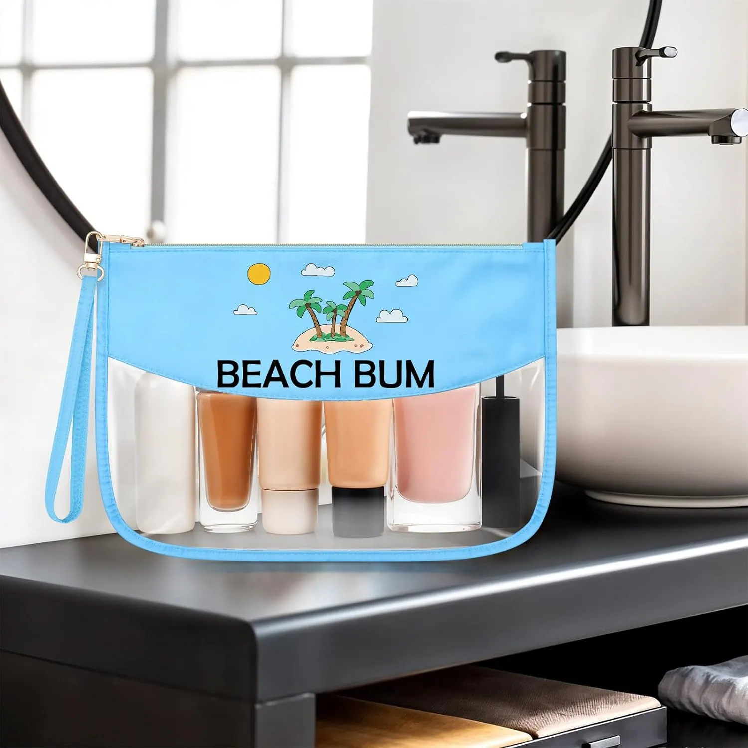 Beach Themed Gifts for Women Friends Adults Blue Makeup Bag with Zipper Birthday Gifts for Beach Lover Cosmetic Travel Organizer Vacation Sun Presents Seaside Travel Gifts