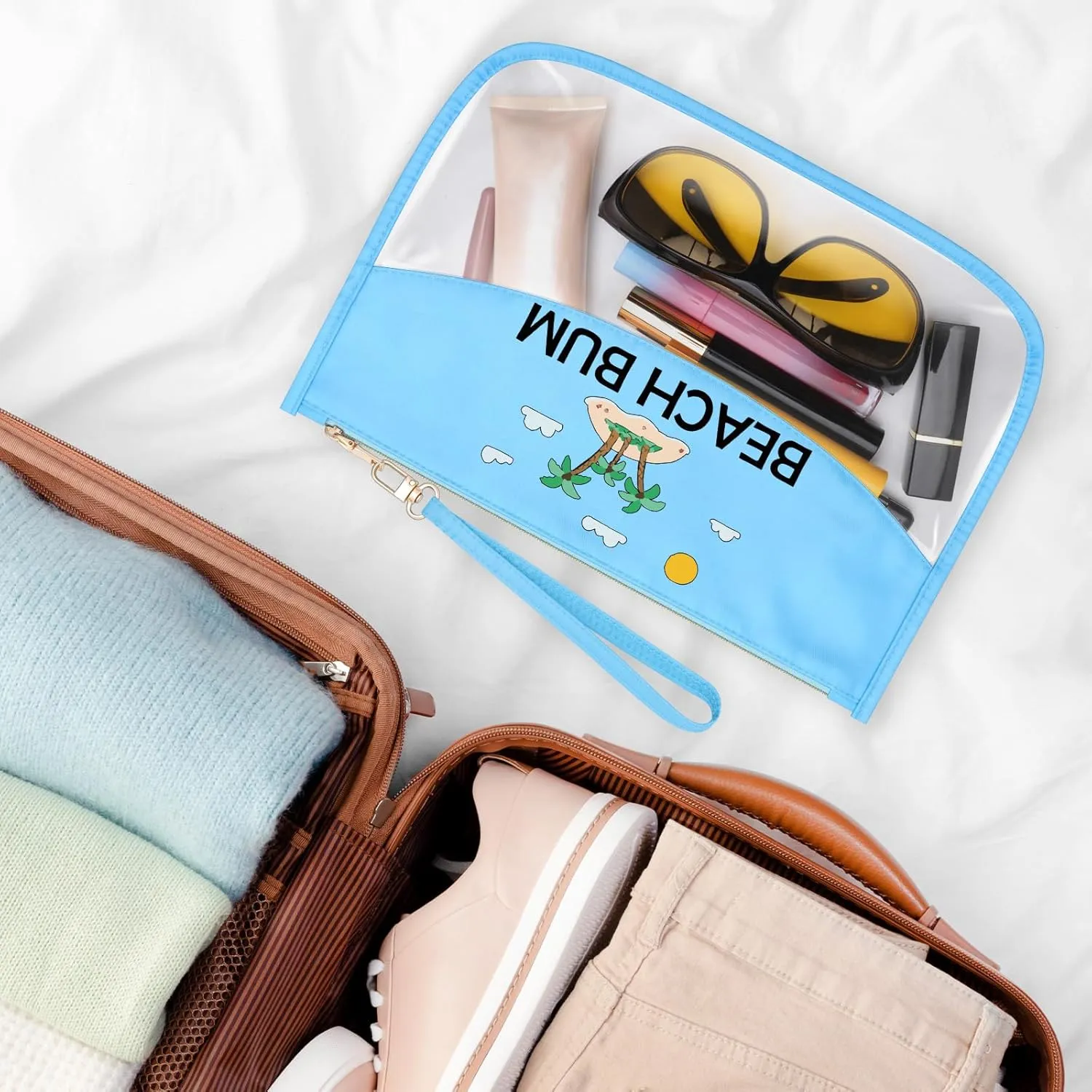 Beach Themed Gifts for Women Friends Adults Blue Makeup Bag with Zipper Birthday Gifts for Beach Lover Cosmetic Travel Organizer Vacation Sun Presents Seaside Travel Gifts