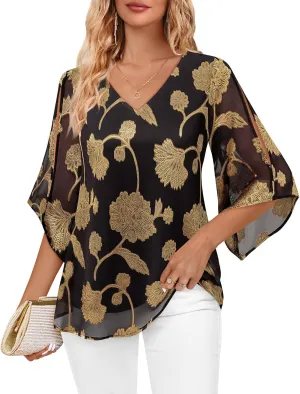 Bebonnie Womens Ruffle 3/4 Sleeve V Neck Double Layers Chiffon Blouses Dressy Tops