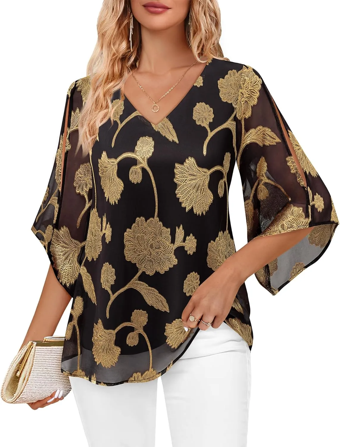 Bebonnie Womens Ruffle 3/4 Sleeve V Neck Double Layers Chiffon Blouses Dressy Tops