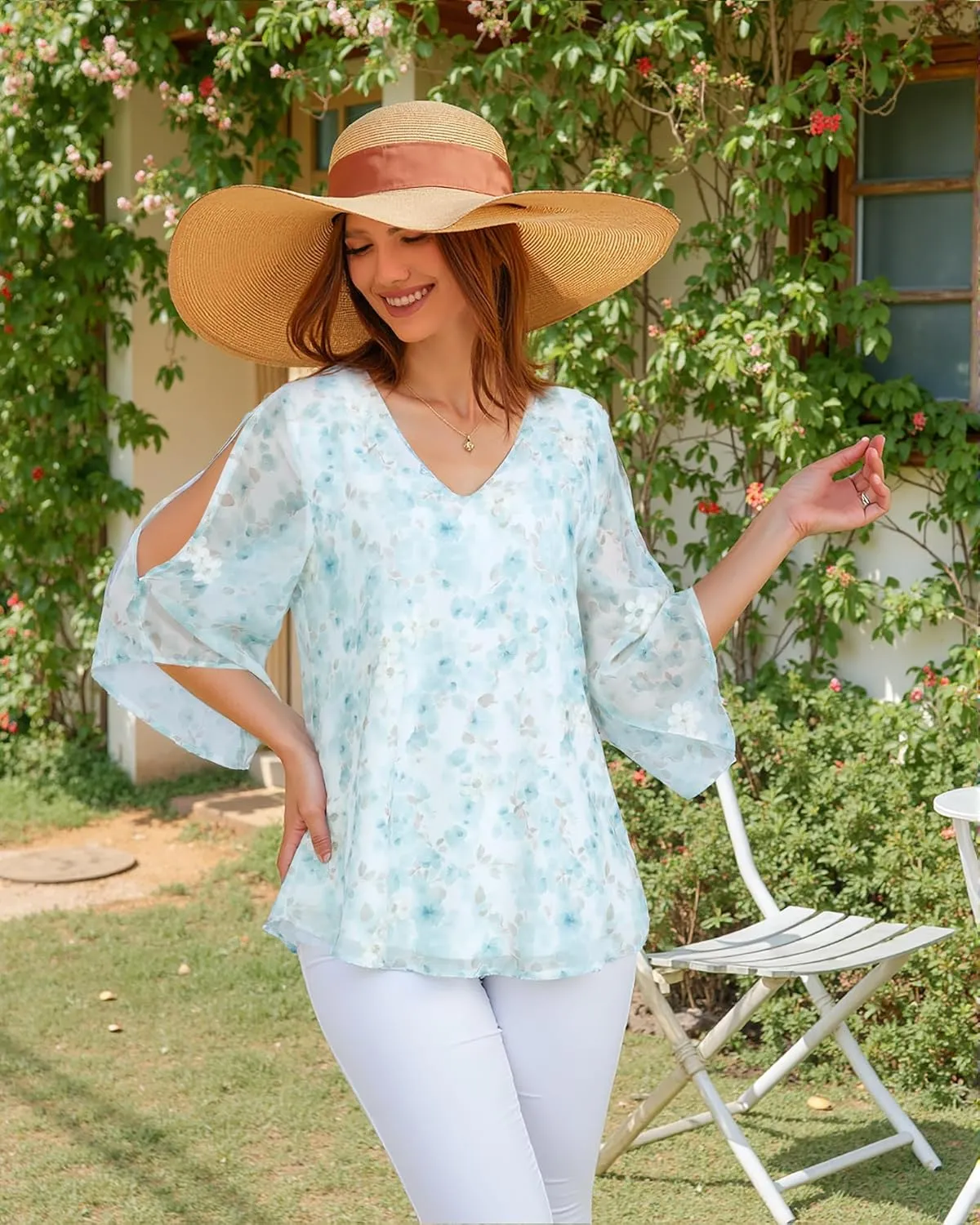 Bebonnie Womens Ruffle 3/4 Sleeve V Neck Double Layers Chiffon Blouses Dressy Tops