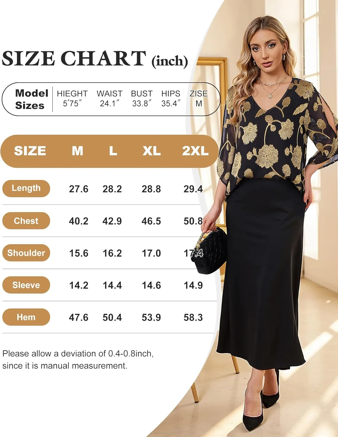 Bebonnie Womens Ruffle 3/4 Sleeve V Neck Double Layers Chiffon Blouses Dressy Tops