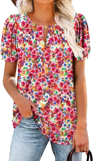 BETTE BOUTIK Womens Crewneck Short Sleeve KeyholeSummer Tunic Tops Pleated Shirts Blouses S-3XL